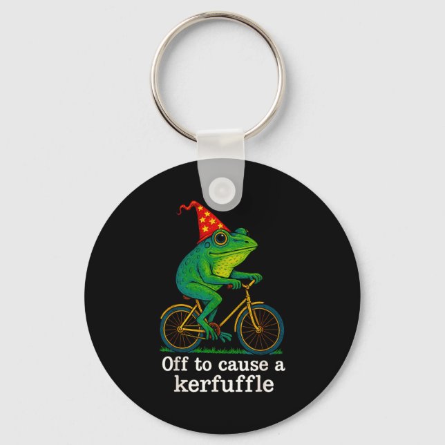 Off To Cause A Kerfuffle Funny Frog Wizard Bicycle Nyckelring (Framsida)