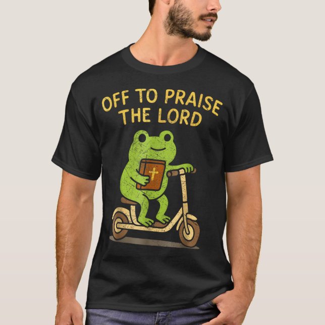 Off To Praise The Lord Frog Christian  T Shirt (Framsida)