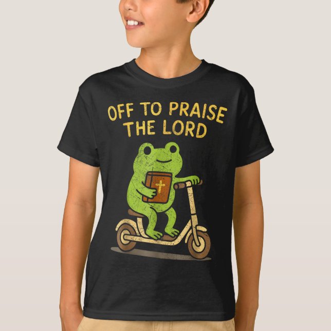 Off To Praise The Lord Frog Christian  T Shirt (Framsida)