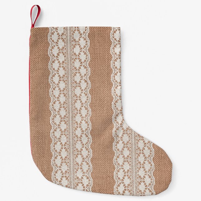 Off-White Lace on Brown Burlap Texture Liten Julstrumpa (Framsidan)