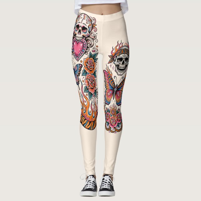 Off White Tatuerade Leggings - Socker Skalle Fjäri (Framsida)
