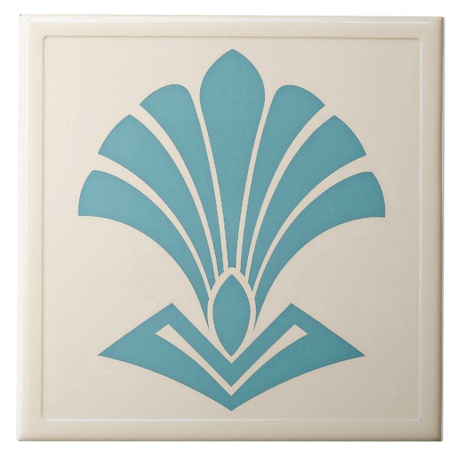 Off White/Teal Art Deco-stil Keramik   Kakelplatta (Framsidan)