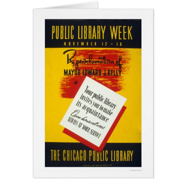 Offentligt bibliotek Chicago 1940 WPA Hälsningskort (Framsidan)