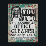 Office Cleaner - Lustigt Vintage Retro Vykort<br><div class="desc">Office Cleaner vintage annons in turkos,  aqua,  red and black. Arty,  lustigt,  färglöst och roligt,  det är en underbar gåva och kommer säkert att ge mottagaren leenden och skratt.</div>