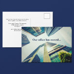 Office Flyttat Modern Byggnad Byte av Adress Meddelande Vykort<br><div class="desc">Vårt kontor har flyttat till ett nytt byggnad,  var snäll och uppdatera adress bok. Fyll bara i textutrymmena med din anpassningsbar företagsinformation för att skicka professionell om byte av adress-vykort till alla dina affärskontakter och kunder. Chicens moderna fotografi av himlar stiga upp kontor med ett vackert fotografi med solljus.</div>