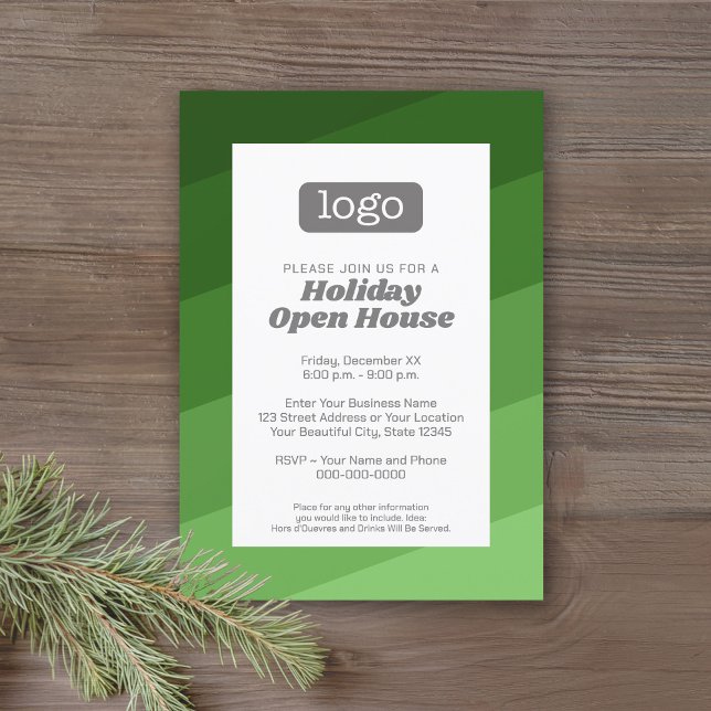 Office Party med Company Logotyp - retro 70:e rand Inbjudningar (Office Holiday Party Invitation with retro green stripes and a vintage vibe.)