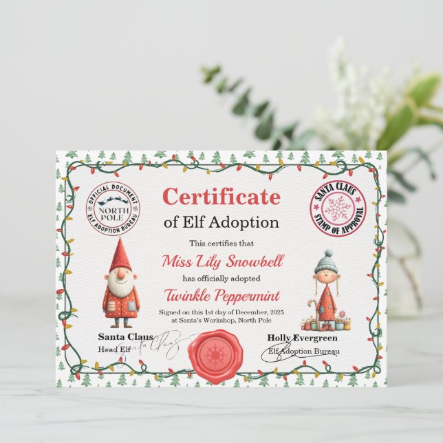 Official North Pole Elf Adoption Certificate  Inbjudningar (Stående Fram)