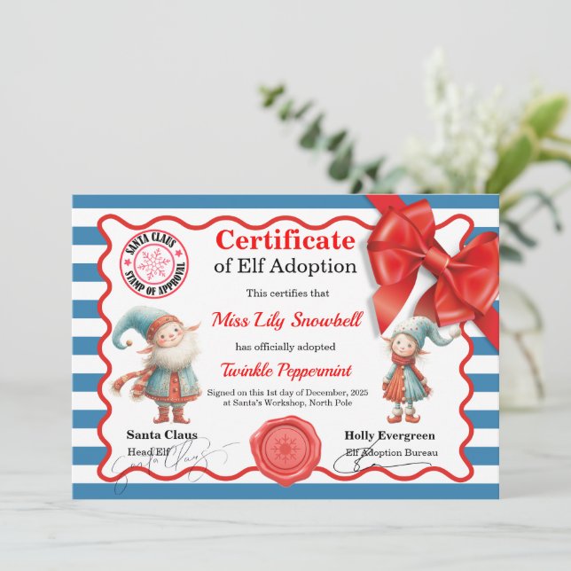 Official North Pole Elf Adoption Certificate  Inbjudningar (Stående Fram)