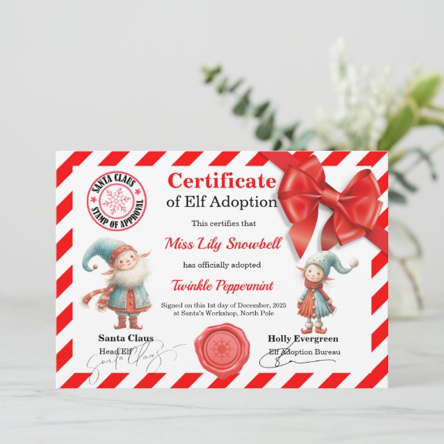 Official North Pole Elf Adoption Certificate  Inbjudningar (Stående Fram)