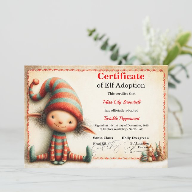 Official North Pole Elf Adoption Certificate  Inbjudningar (Stående Fram)