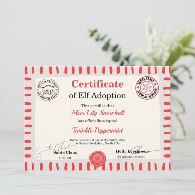 Official North Pole Elf Adoption Certificate  Inbjudningar (Stående Fram)