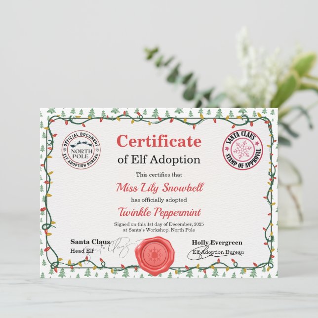 Official North Pole Elf Adoption Certificate  Inbjudningar (Stående Fram)
