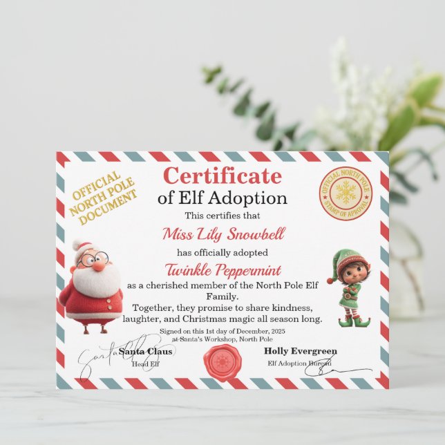 Official North Pole Elf Adoption Certificate  Inbjudningar (Stående Fram)