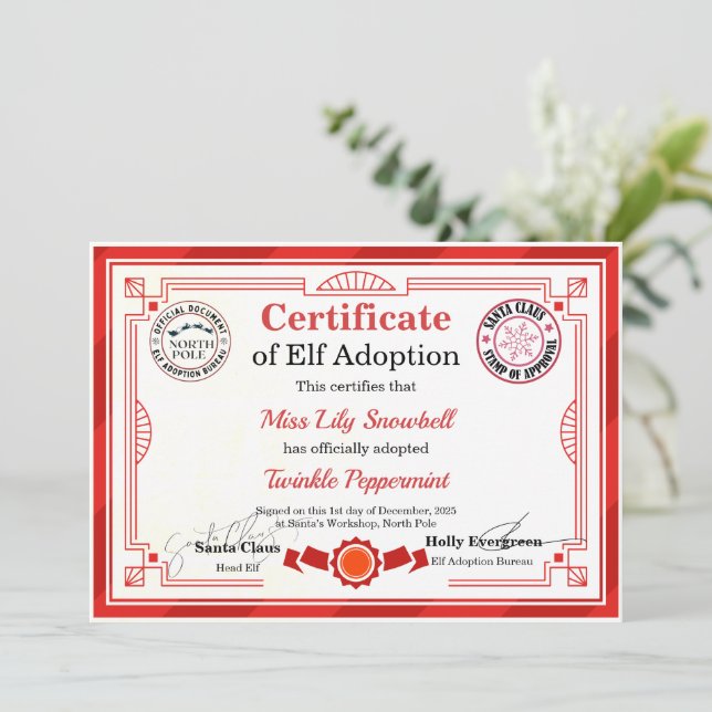 Official North Pole Elf Adoption Certificate  Inbjudningar (Stående Fram)