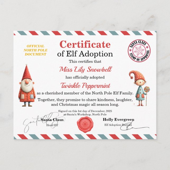 Official North Pole Elf Adoption Certificate  Vykort (Framsida)