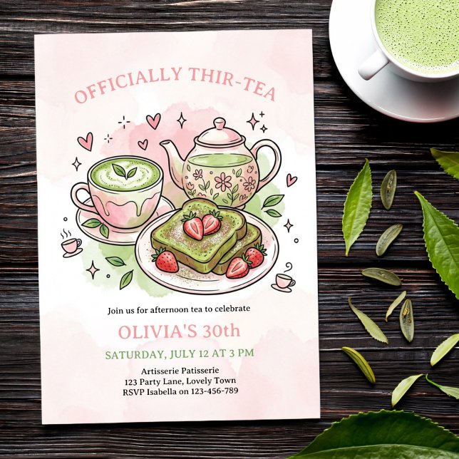 Officially Thir-tea Matcha Birthday Brunch Tea Inbjudningar (Matcha Tea Party Invite - for brunch or afternoon tea - easy to edit for any milestone, ie twen-tea)