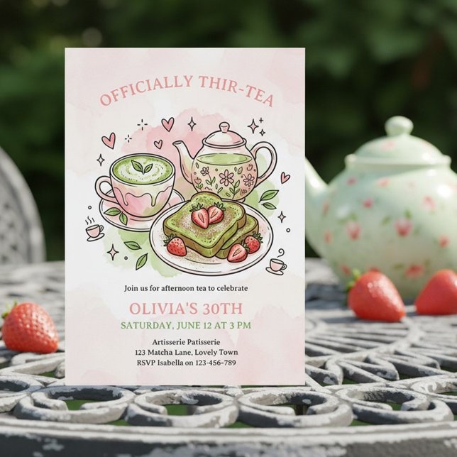Officially Thir-Tea Matcha Tea Party 30th Birthday Inbjudningar (Match Tea Party Invitation - "Officially Thir-tea" 30th birthday (can edit to Twen-Tea, For-Tea etc))