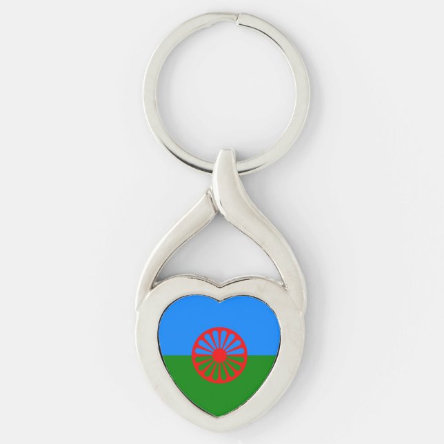 Officiell Romani flagga Keychain Twisted Heart Silverfärgad Nyckelring (Framsidan)