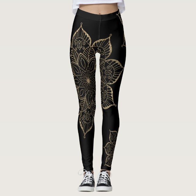 Offline Guld Faux Glitter Mandalas on Black Leggings (Framsida)