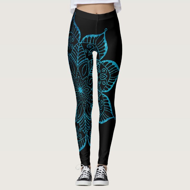 Offline Teal Faux Glitter Mandala på Black Leggings (Framsida)
