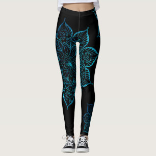 Offrecentrerad Teal Faux Glitter Mandalas på Black Leggings