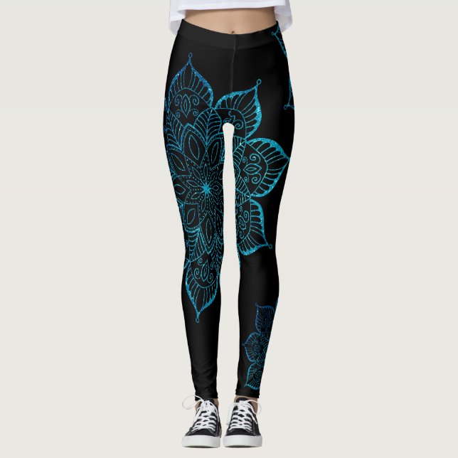 Offrecentrerad Teal Faux Glitter Mandalas på Black Leggings (Framsida)
