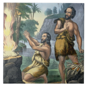 Offret av Cain och Abel, från ett bibeltryck Kakelplatta