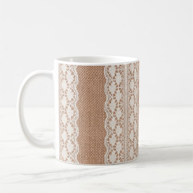 OffWhite Snöre på Brown Burlap Struktur Kaffemugg (Vänster)