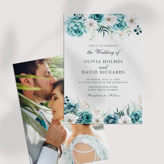 OffWhite Teal Blommigt Anpassningsbar Photo Bröllo Inbjudningar (Off-White Teal Floral Custom Photo Wedding Invitation on a white table.)