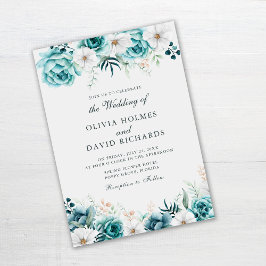 OffWhite Teal Blommigt Bröllop Inbjudningar