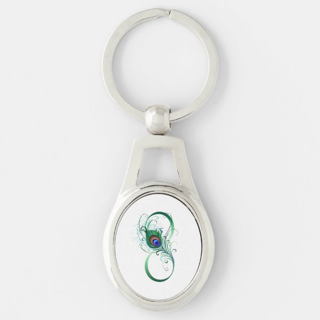 Ofinity Symbol med Peacock Feather Ovalt Silverfärgad Nyckelring (Framsidan)