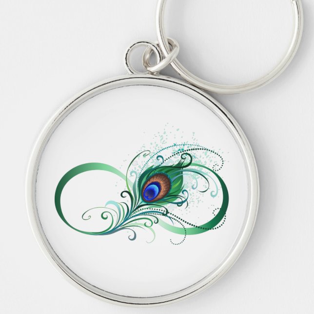 Ofinity Symbol med Peacock Feather Rund Silverfärgad Nyckelring (Framsidan)