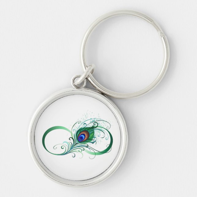 Ofinity Symbol med Peacock Feather Rund Silverfärgad Nyckelring (Framsidan)