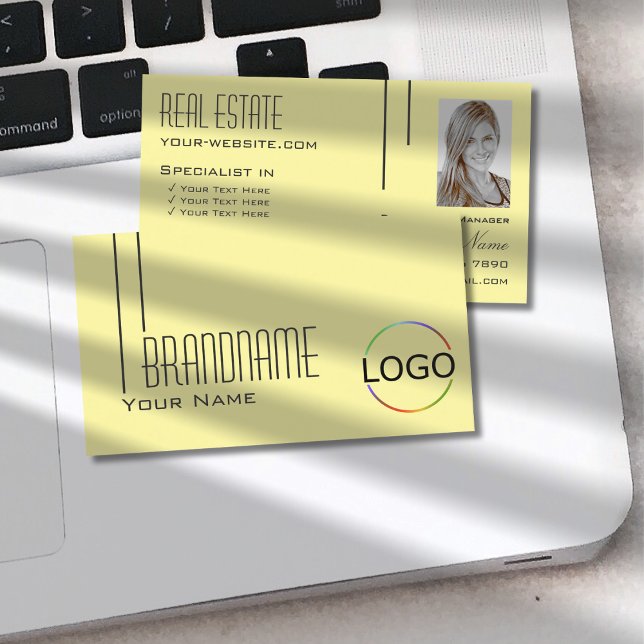 Oformaterad PastellGult med Logotyp- och fotoProfe Visitkort (Skapare uppladdad)