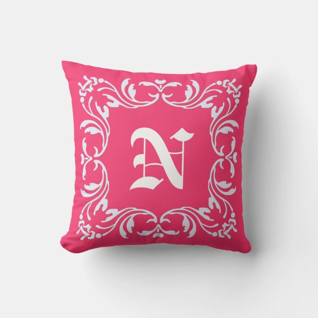 Oformaterad Shock rosa och Damask Monogram Kudde (Framsida)