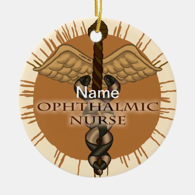 Oftalmisk sjuksköterska Caduceus Julgransprydnad Keramik (Framsidan)