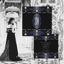 Öga Catching Black Blue Ornate Ornament Initialer Fyrkantigt Visitkort