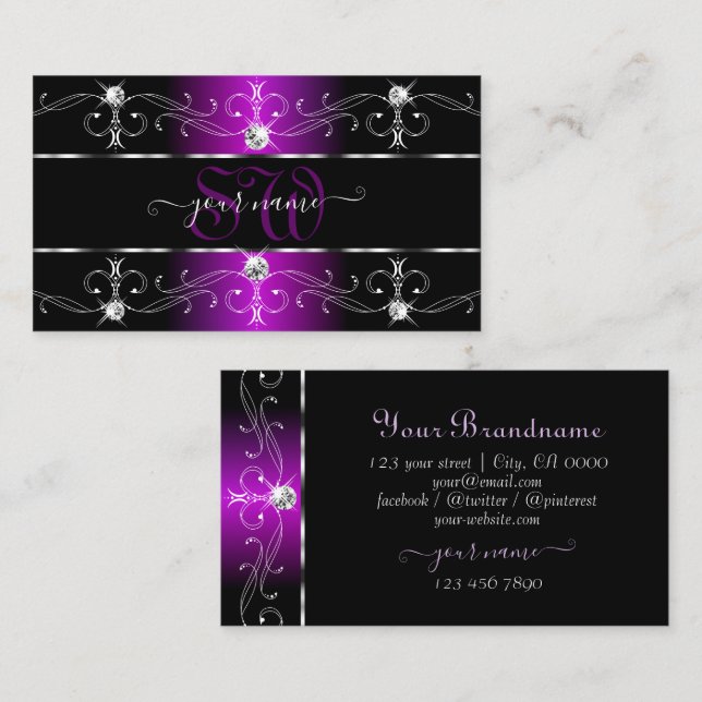 Öga Catching Black Lila Ornate Gräns Monogram Visitkort (Fram/baksida)