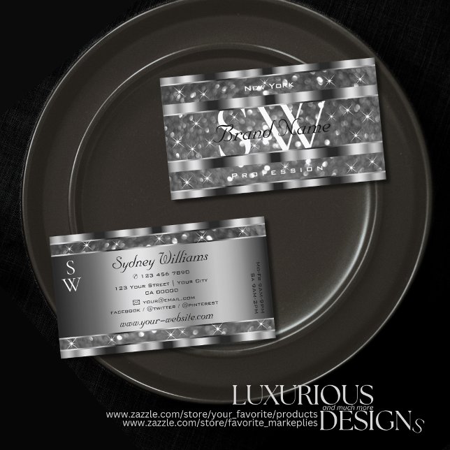 Öga Catching Silver Glitter Gnistra Stars Monogram Visitkort (Skapare uppladdad)