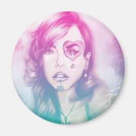 Öga-flicka med färgad hjärna, Round Magnet - Regnb