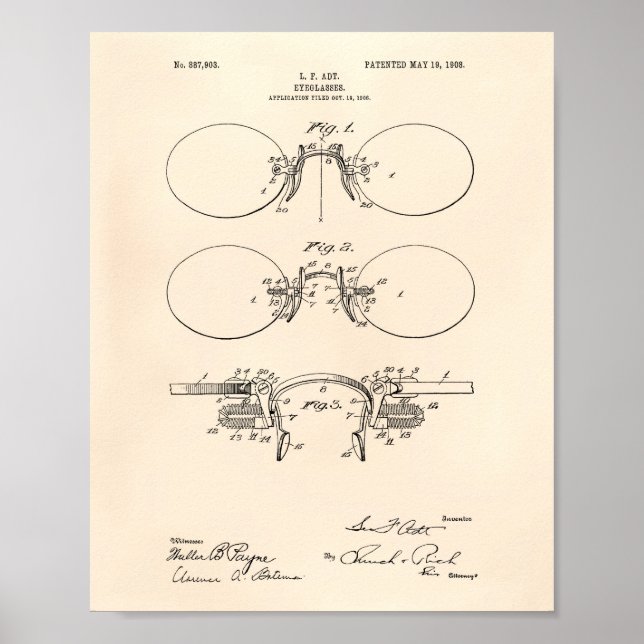 Öga Glass 1908 Patent Art Old Peper Poster (Framsidan)