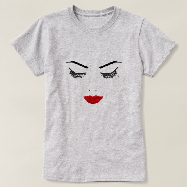 Öga Mole Beauty Ansikte Lash & Red Läppar Makeup T Shirt (Design framsida)