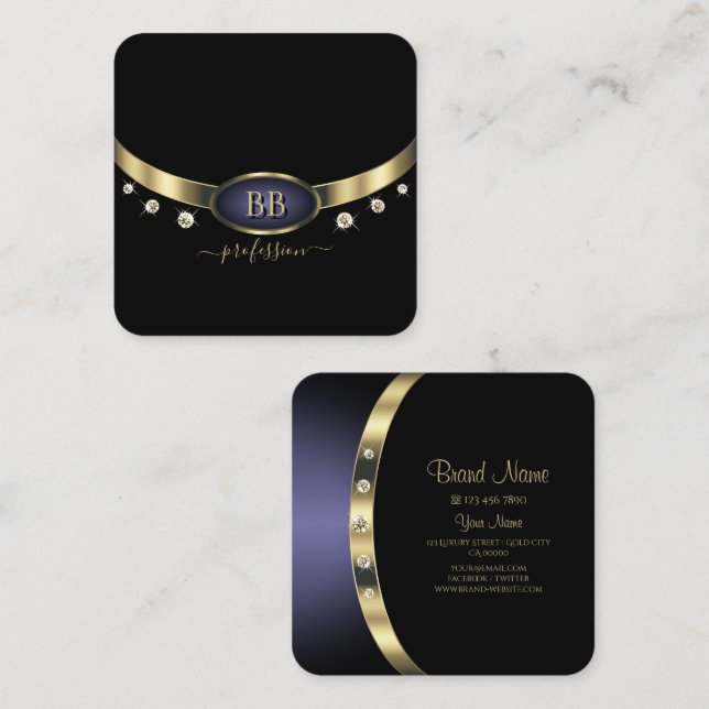 Öga som fångar Guld Blue Black Initialer Rhineston Fyrkantigt Visitkort (Fram/baksida)