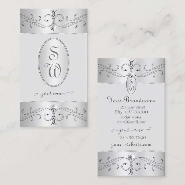 Öga som fångar Silver Grått Ornate Ornaments Monog Visitkort (Fram/baksida)