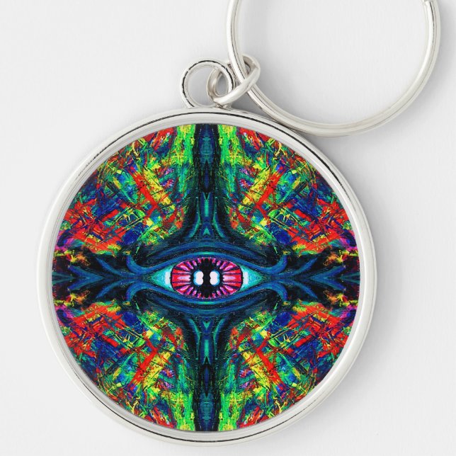 Öga Twisted och Trippy Painting Rund Silverfärgad Nyckelring (Framsidan)