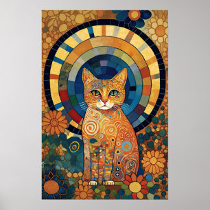 Ogenomskinlig katt i mosaikliknande romsk design poster