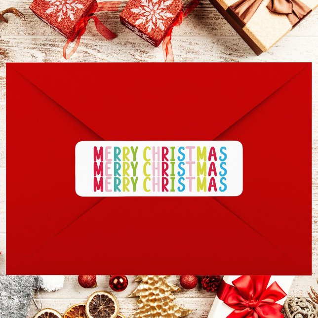 Ogenomtänkt vit God jul-upprepning av textdesign Returadress Etikett (Colorful Bright Merry Christmas White Background Label)