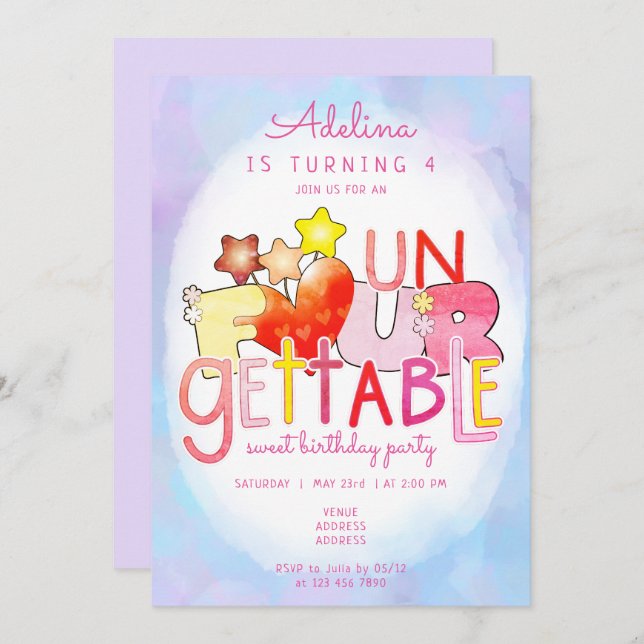 Oglömlig hjärtflicka 4e födelsedagen Party Inbjudningar (Fram/baksida)