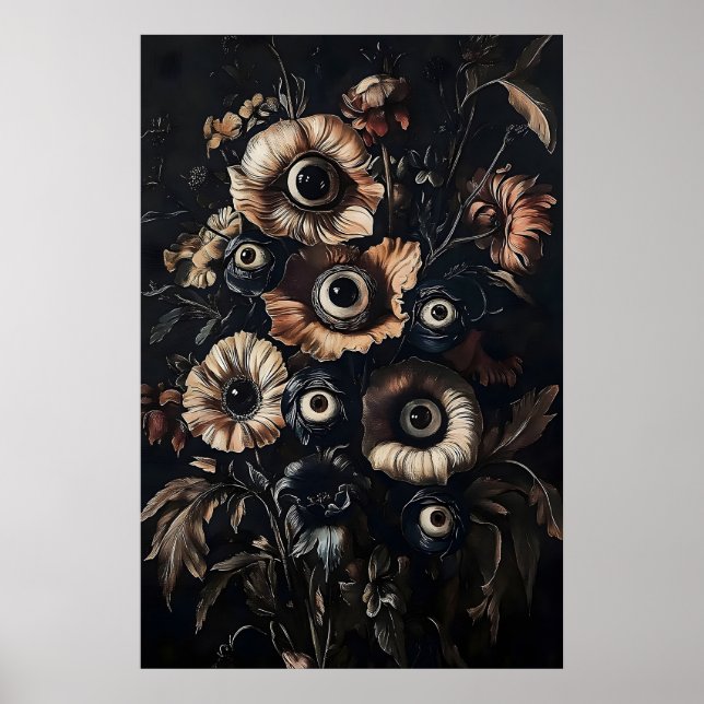 Ögon I Moody Mörka Blommor Print, Konstig Blommig Poster (Framsidan)
