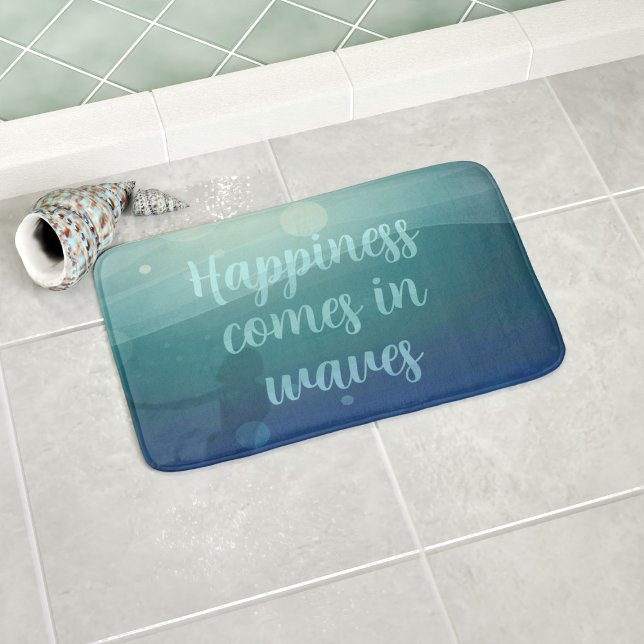 Ögonblicket Sjöjungfru kommer i Vinkar Anpassnings Badrumsmatta (Happiness comes in waves bath mat with a teal mermaid silhouette. Available in 3 sizes S, M & L )